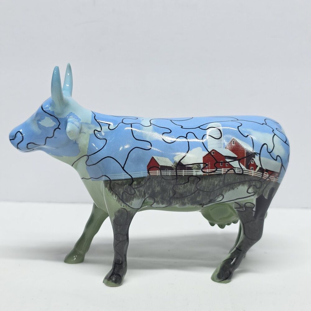Vintage 2001 Cow Parade Figurine #9181 Puzzled Cow Farmhouse Barn Blue Puzzle